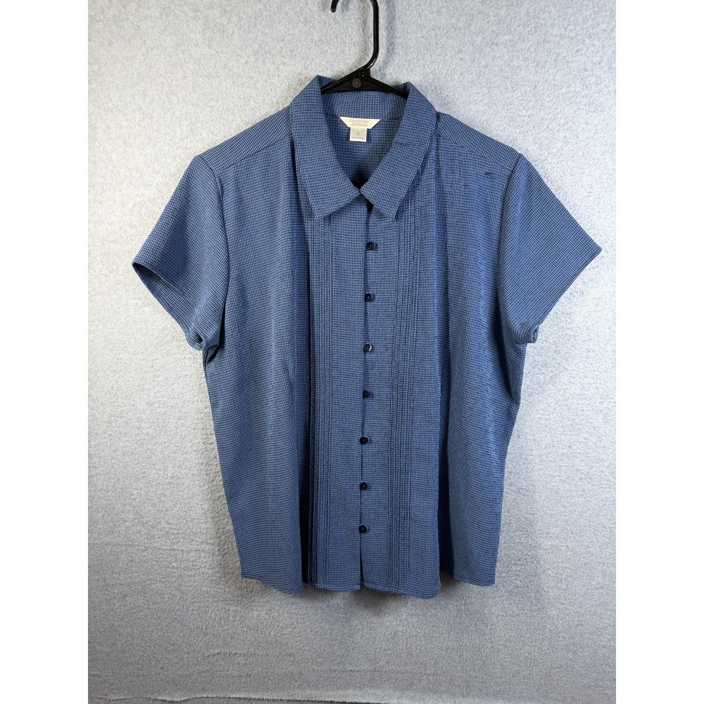 Christopher & Banks Blouse Womens Large Blue Check Short Sleeve Button Front Top
